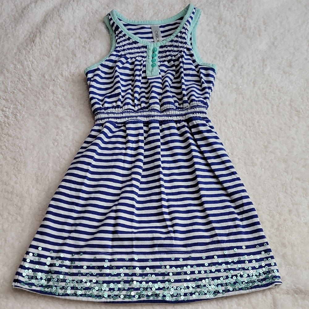 Cherokee S 6/6X Blue White Striped Dress with Sequin Accents